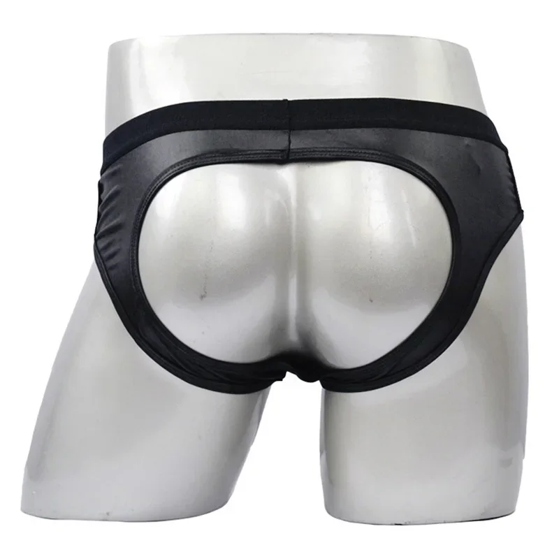 Men\'s Sexy Leather Underwear Open Butt Thong Briefs Metal Ring G-String Jock Strap Underpants Bulge Pouch Panties Erotic Lingeri