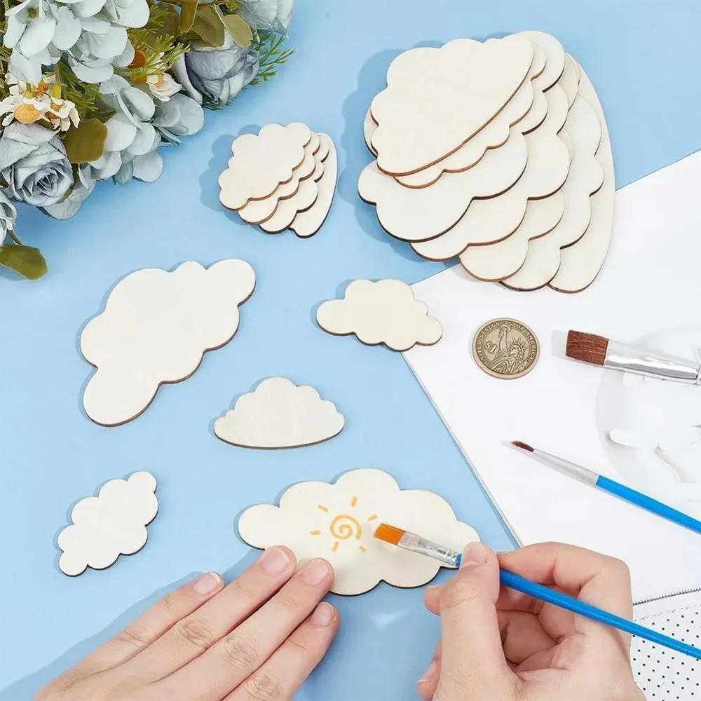 35 قطعة أحجام مختلطة شكل سحابة قطع خشبية شرائح خشبية غير مكتملة سحابة الخشب قطع شريحة فارغة غير مكتملة