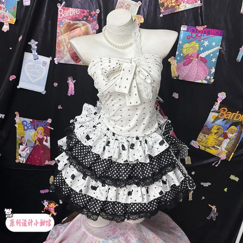 

Black White Wave Point Slim Fit Sexy Strapless Top for Women+ Y2k High Waist Lace Cake Skirts 2025 Summer New Two Piece Sets