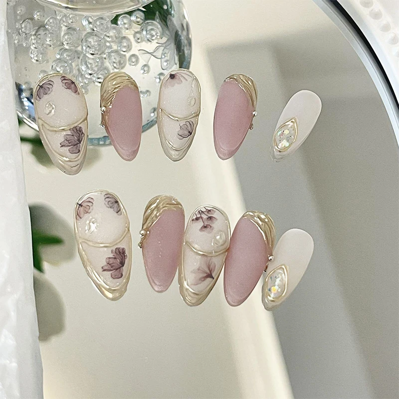 10個入り ハンドメイド プレスオンネイル グリッドブラウン キャットアイ 付け爪 グリッター ダイヤモンド スター ショートオーバル フェイクネイル