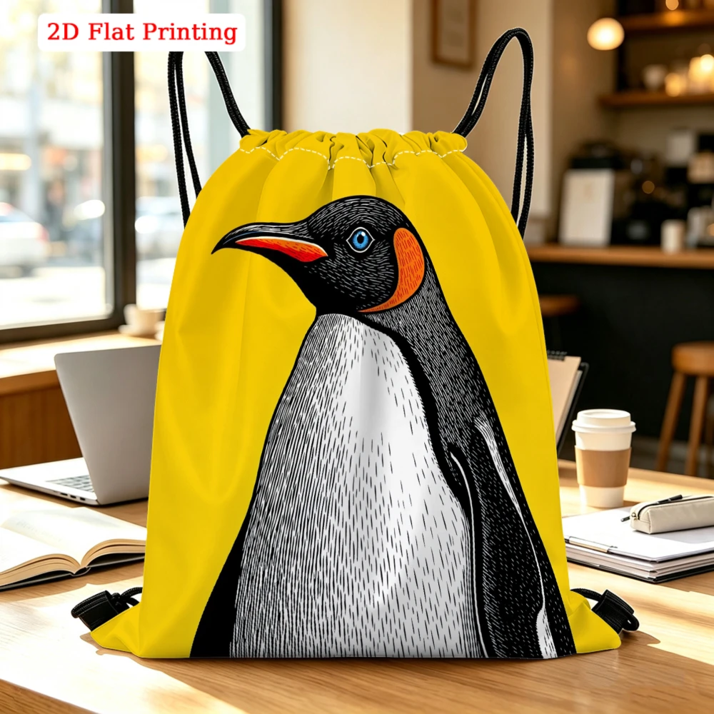 Yellow Background Penguin Print Drawstring Bag, Travel Shoe Bag, Fitness Sports Outdoor Backpack