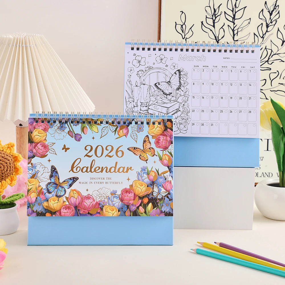 

Настольный календарь-раскраска на 2026 год, 12 месяцев для творчества, настольный календарь для раскрашивания вашего собственного пути, ежемесячный календарь с расписанием, офисная школа