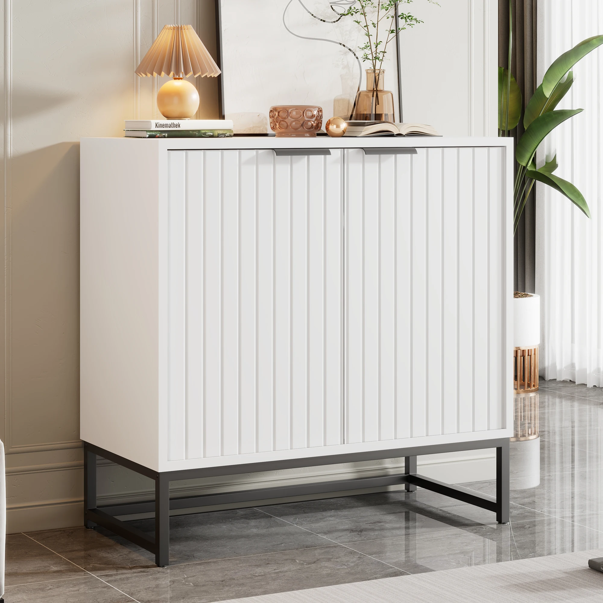 VSOGA Modern sideboard dresser, 2 doors vacuum shaping metal handles and frame legs, dimensions: B80/T40/H80 cm