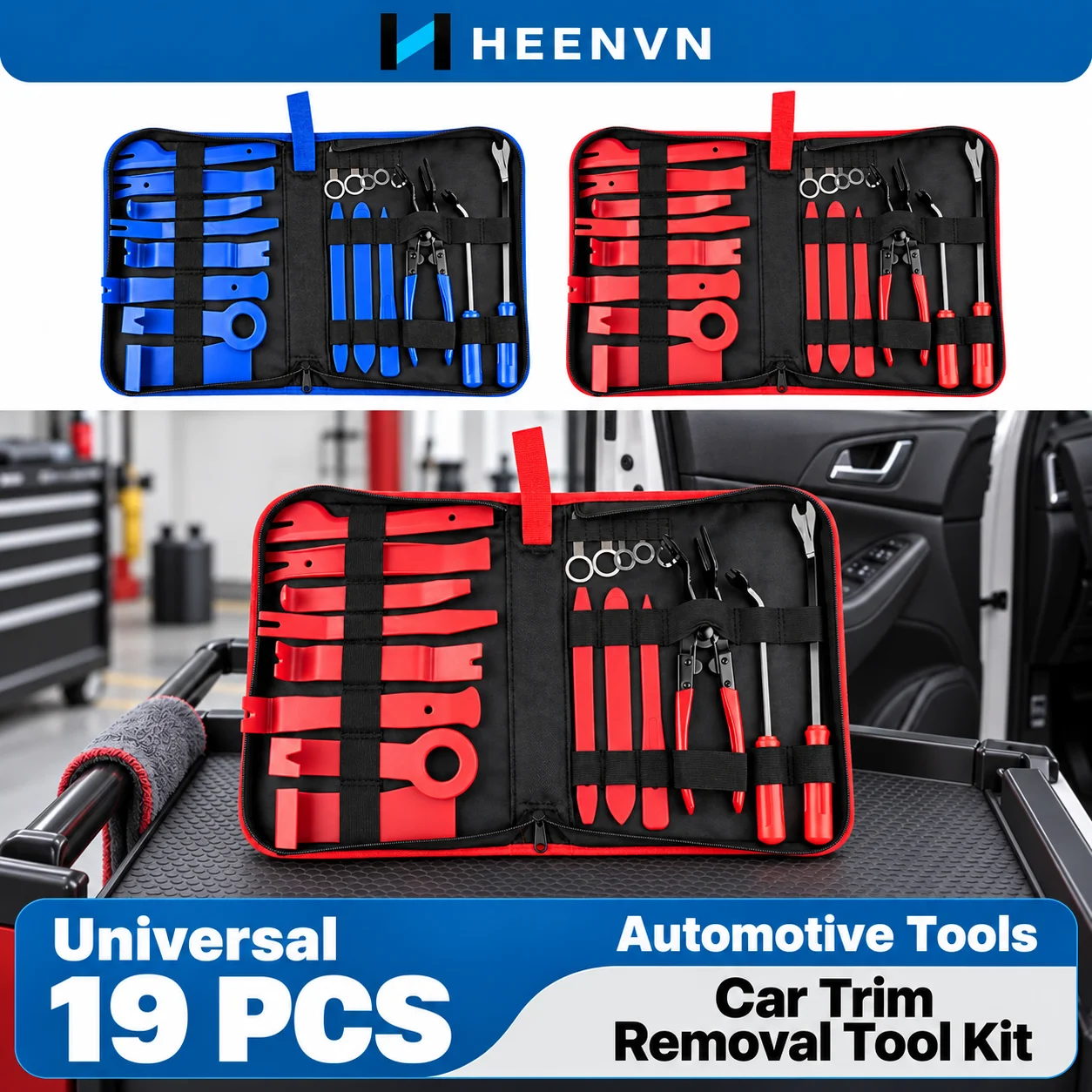 19PCS Car Trim Removal Tool Kit Door Panel Pry Tools Radio Removal Keys Clip Pliers with Storage Bag