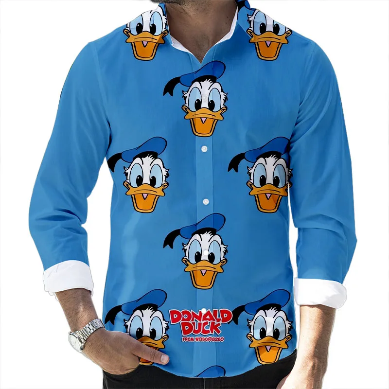 

2024 Fall New Disney Donald Duck Mickey and Goofy Brand Cartoon Casual 3D Printed Long Sleeve Lapel Shirt Slim Fit Men's Top