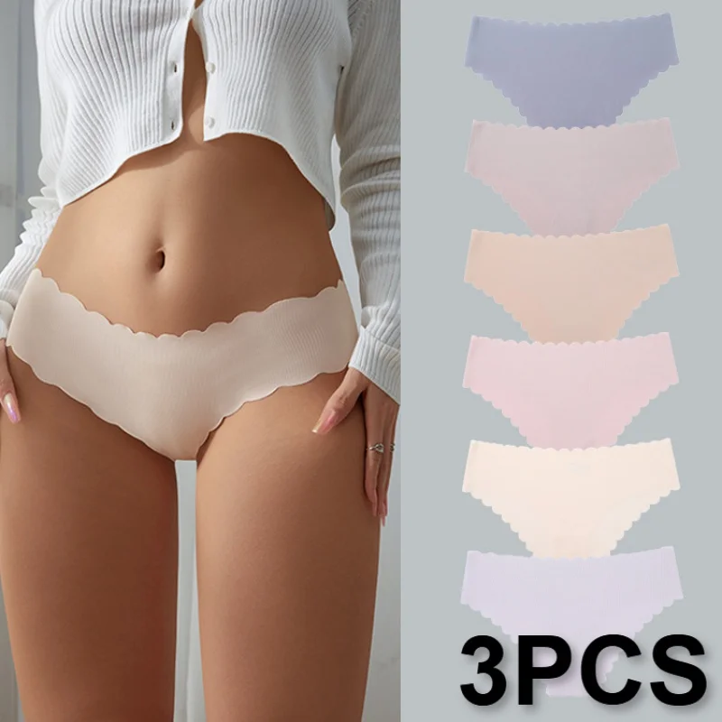 3PCS Women's Panties Female Underwear Seamless Low Rise Wave Silk Breathable Briefs Ladies Lingerie Pantys Underpants