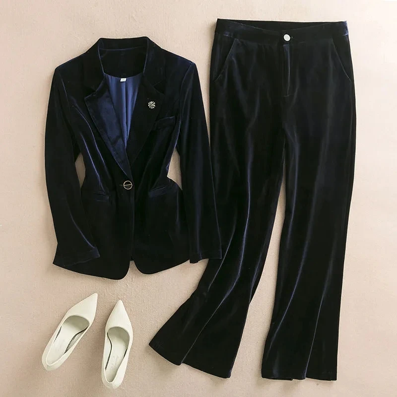 Black Gold Velvet Suit Large Size Women Two Piece Suit 2024 Spring Autumn Set Fashion Velvet Suit High-End Small Suit Jacket