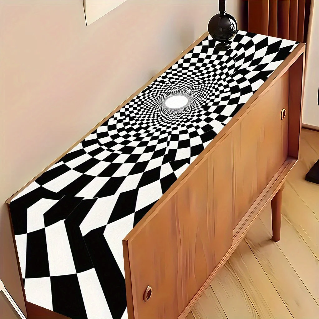 1pc Black White Checkered Tunnel A1 Pattern Table Runner, Rectangular Table Cover with Bright Design for Anniversary, Wedding, N