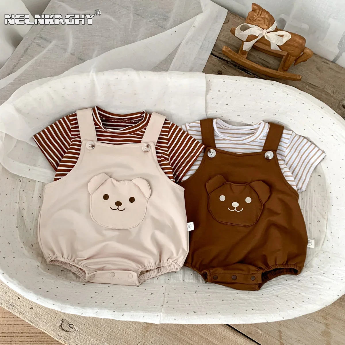 

2024 Summer New in Infant Kids Cute Clothes Set 2pcs Newborn Striped Top T-shirts + Overalls Bodysuits Toddler Baby 0-24M