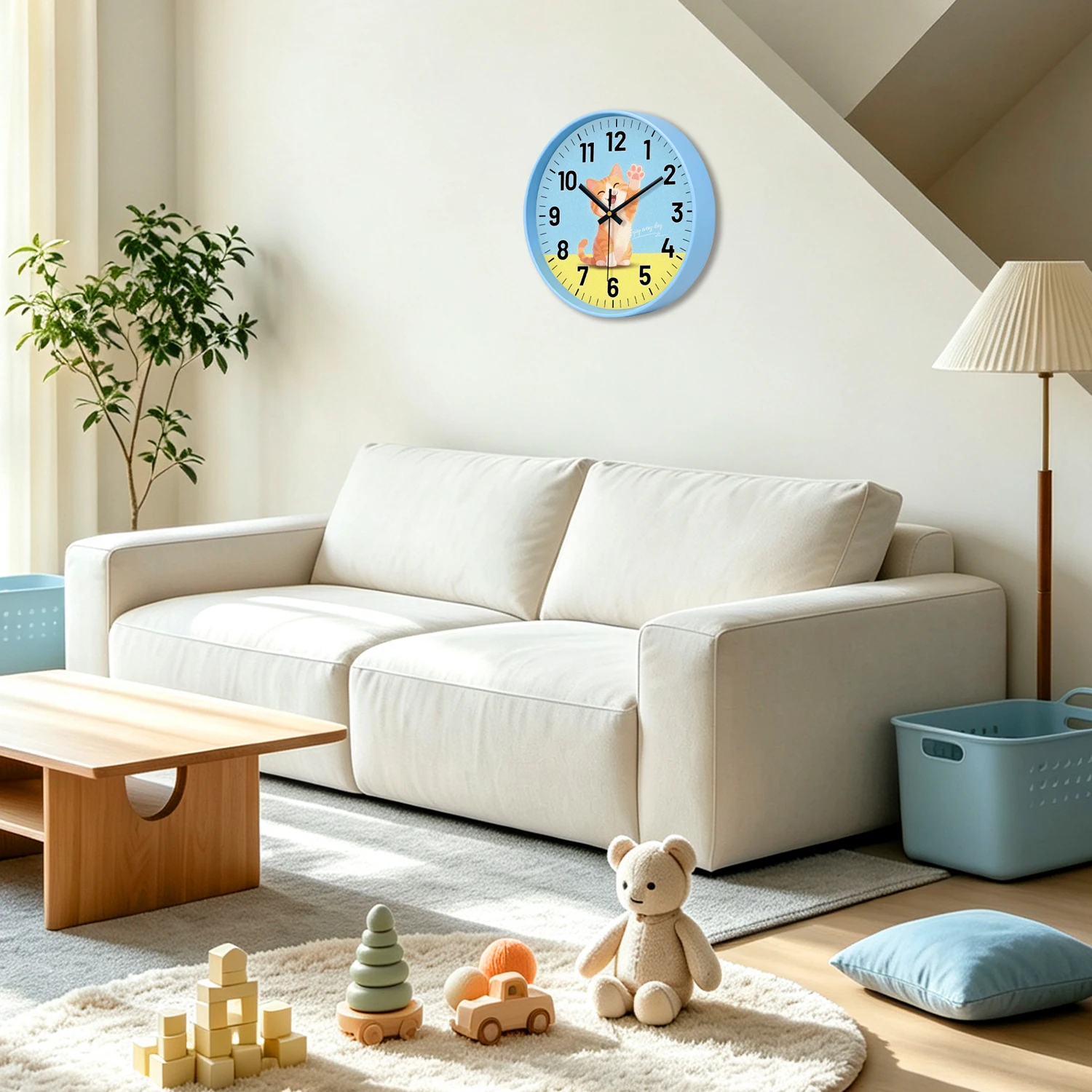 Cartoon Cat Wall Clock Silent Quartz Round Hanging Watch Kids Time‑Teaching Clock for Bedroom Nursery Playroom Interior Decor