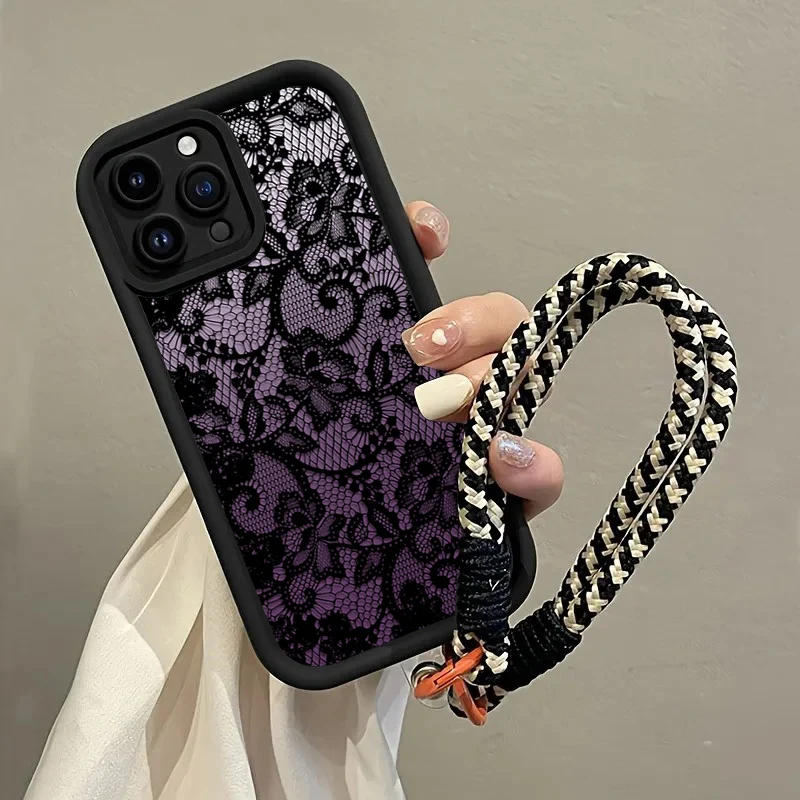 Black Purple Lace Hang Strap Phone Case For Samsung Galaxy Note 20 S24 S22 S23 S25 S26 Plus S24 FE S23 S24 S25 Ultra A56 Cover