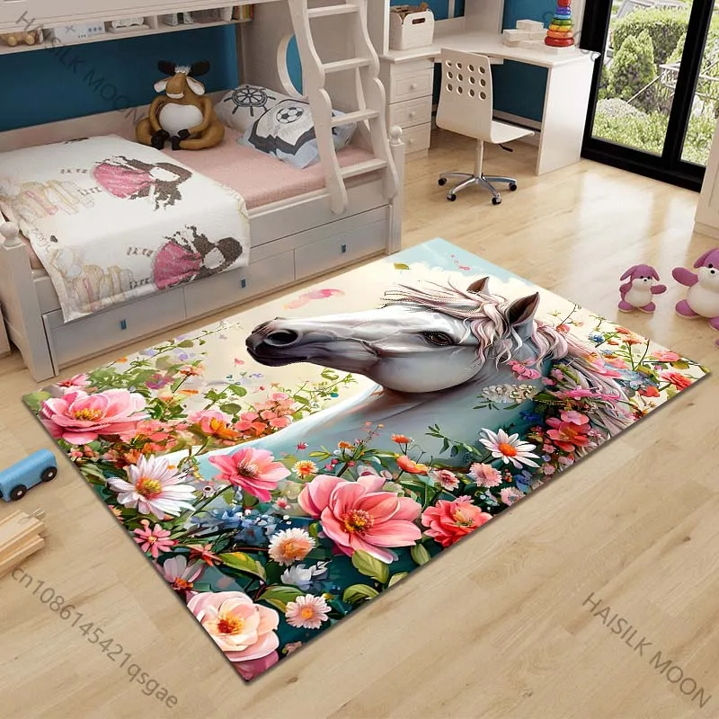 1PC Horse with blooming floral garland Carpet for Living Room Bedroom Sofa Home Decor Rus Non-slip Floor Mat Luxury Gift