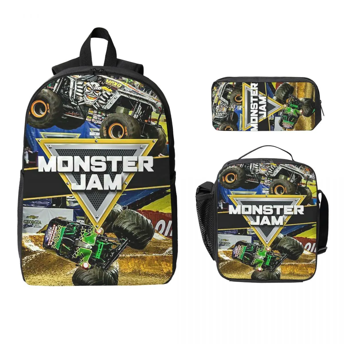 

Classic Monster Jam Truck Pattern Backpack Student Boy Girl BookBag School Bag Shoulder Bags 3ps Insulated Lunch Bag Pencil Case