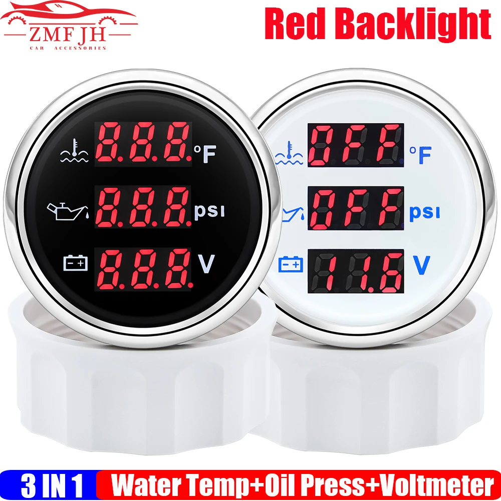 Red LED Digital Water Temperature+Oil Pressure+Voltmeter 3IN1 Multifunctional 52mm Gauge Alarm Waterproof Auto Car Boat Custom