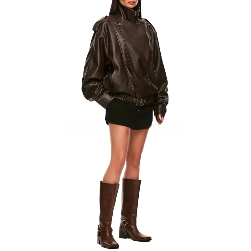 Autunno nuovo arrivo donna retrò moto Sle semplice colletto alla coreana lungo Sve PU pelle ort Jaet cappotto Casual Faion