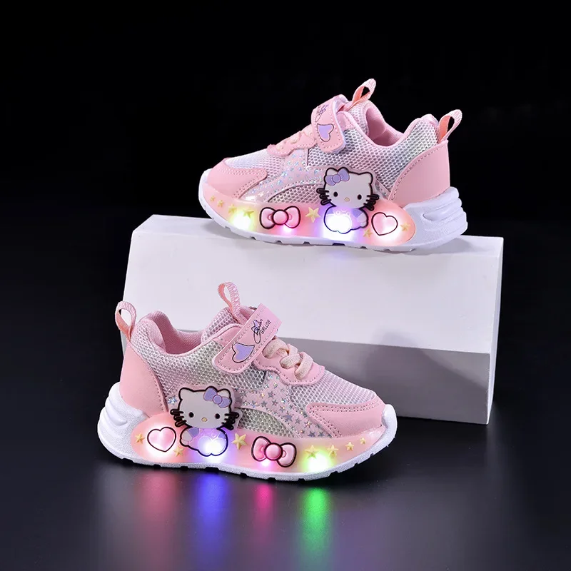 Sanrio LED Casual Sneakers For Spring Girls Hello Kitty Printed Mesh Breathable Shoes Children Lighted Non-slip Pink Purple
