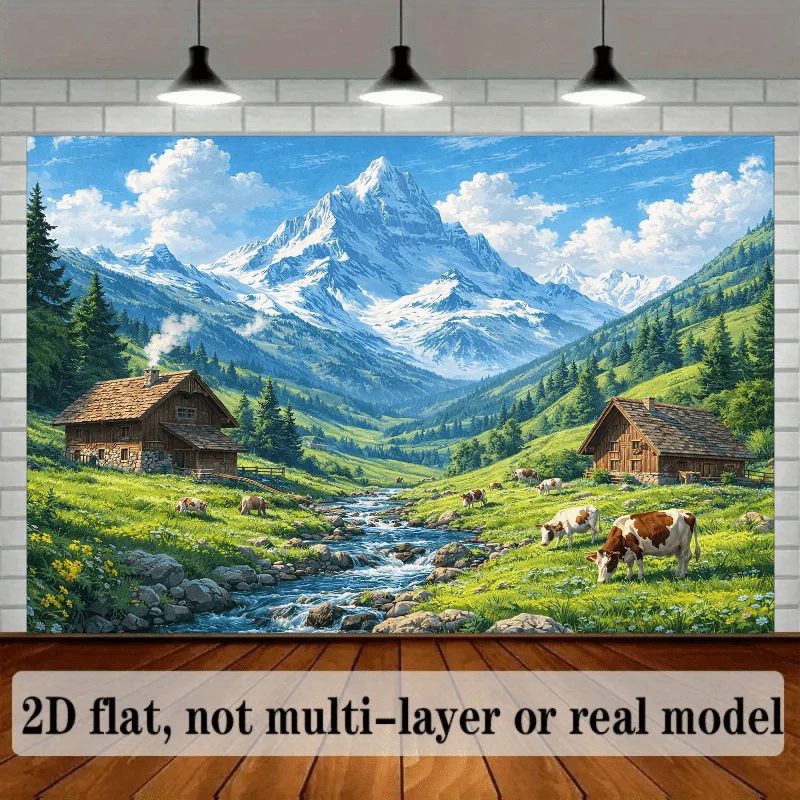 Tapiz plano 2D con paisaje de montaña alpina, valle, vacas, río y cabaña, arte de pared con paisaje natural, decoración para sala de estar, casa de campo tranquila