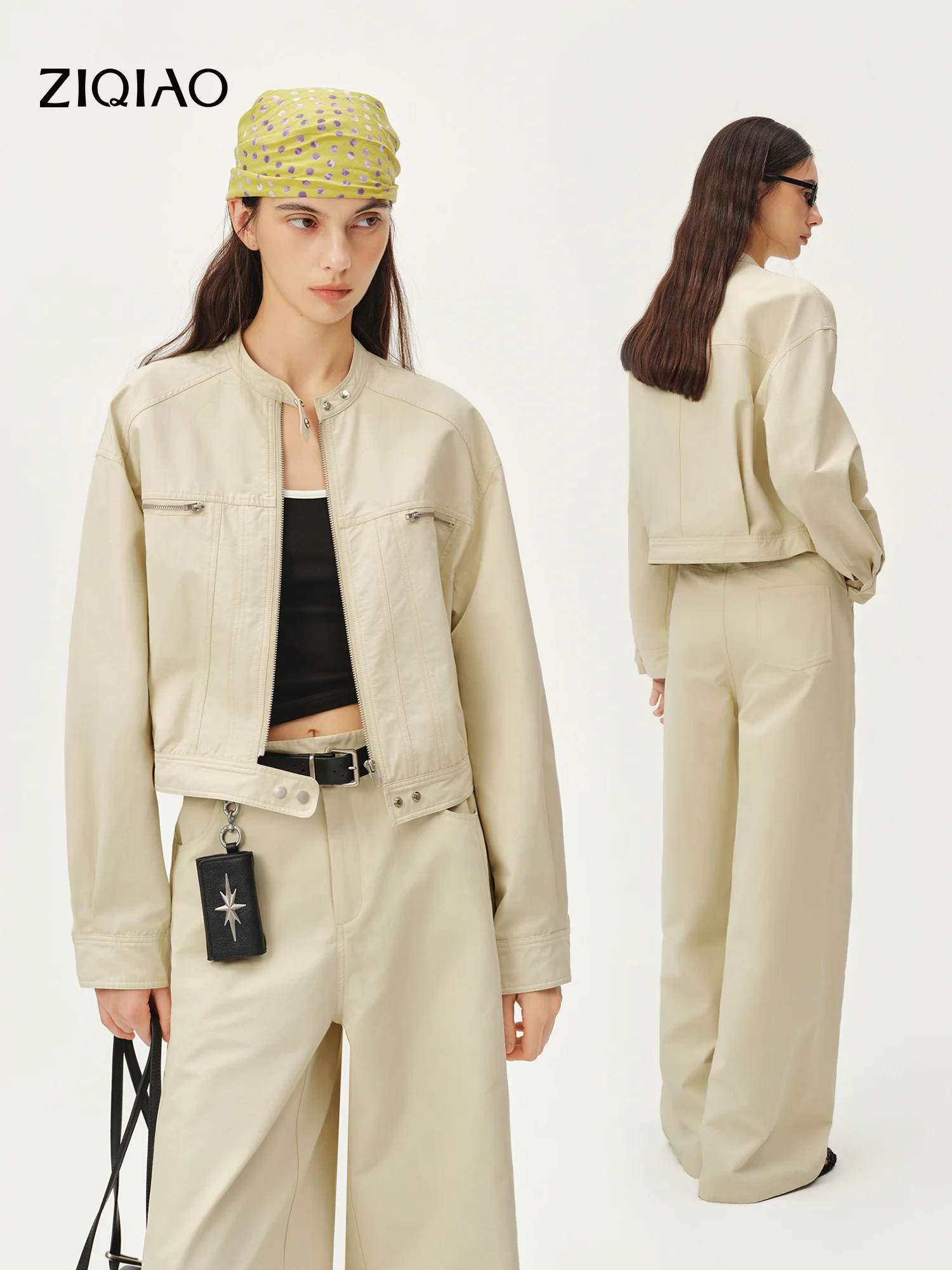 ZIQIAO 2026 Fall Women's Vintage American Cropped Cargo Jacket & Jogger Pants Set, Casual Utility Two-Piece Streetwear Outfit