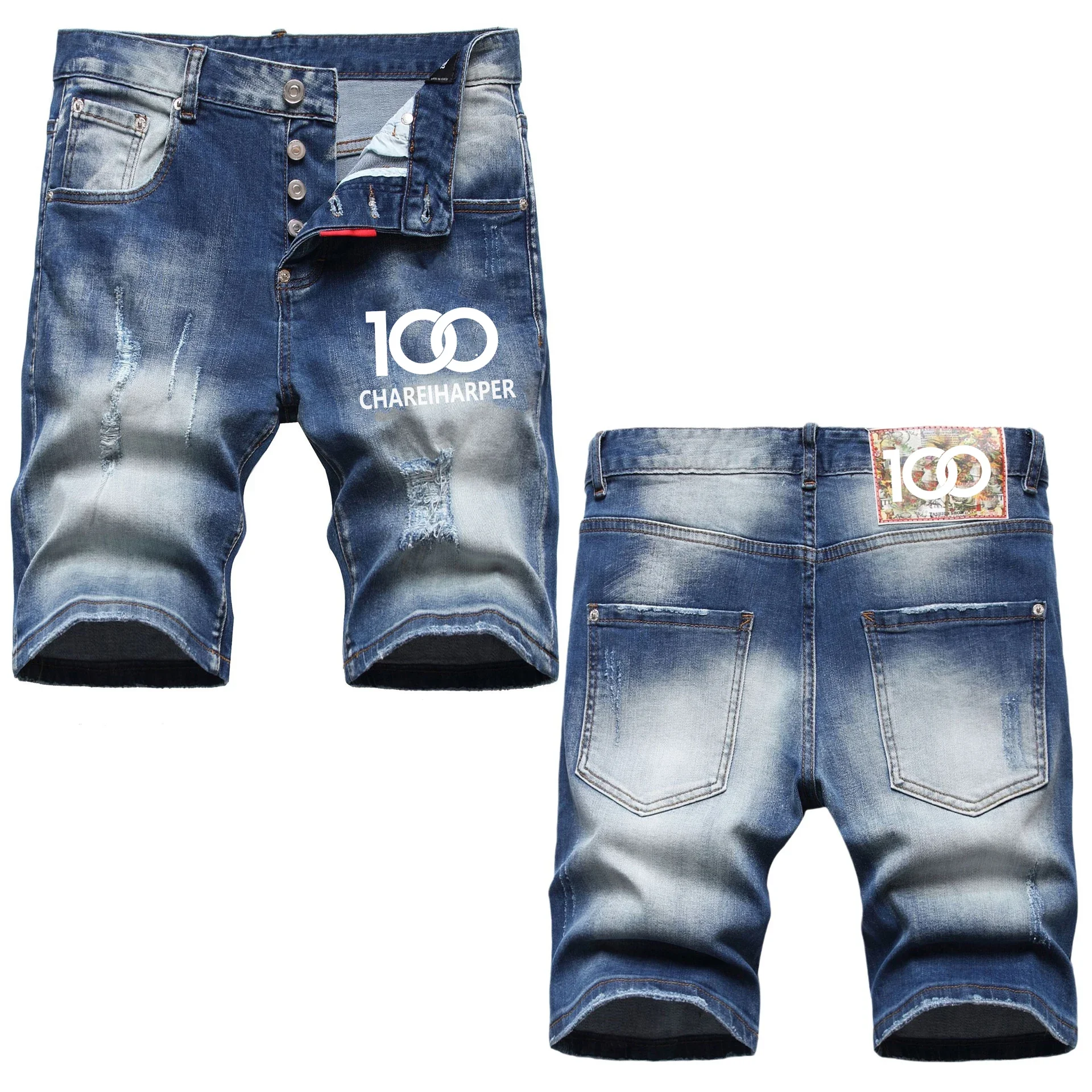 

chareiharper 100 1120 plus sizeRipped patch digital printed straight tube hipster men's denim quarter shorts