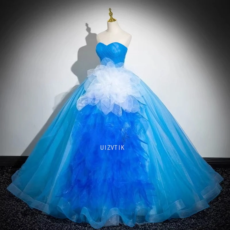 Vestido de fiesta con apliques de lujo azul, vestido de baile para mujer, escote en forma de corazón con cordones en la espalda, largo hasta el suelo brillante, vestidos de noche de fiesta personalizados