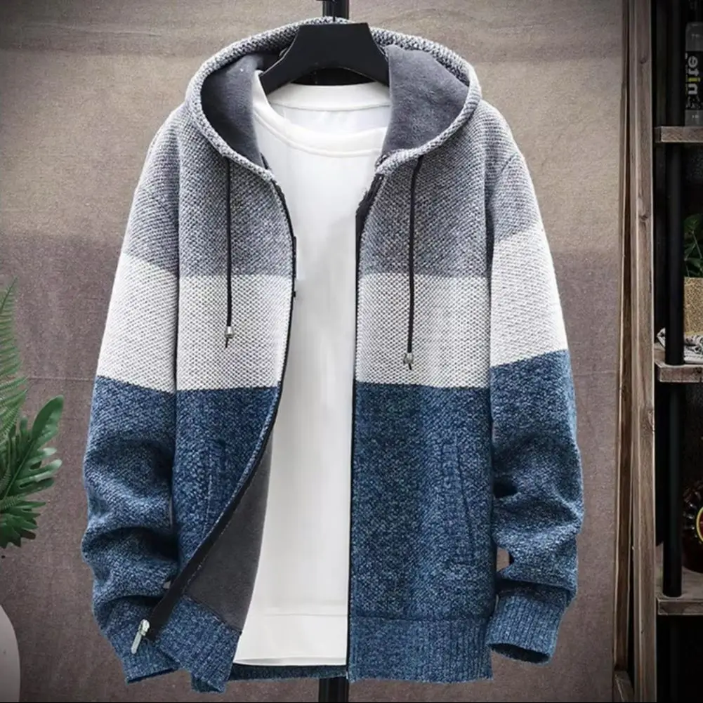 

Men Hooded Cardigan Sweater Color Block Thicken Plush Lining Warm Knitted Cardigan Sweater Autumn Winter Men Sweater Jacket