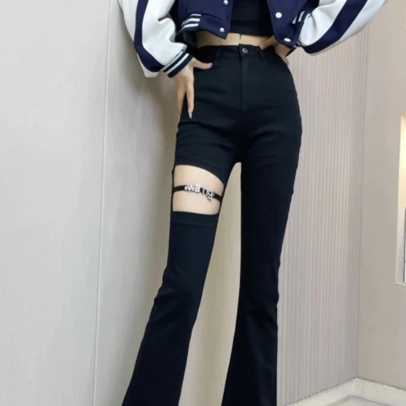 

Women's Jeans with Holes Flared Flare Female Cowboy Pants Baggy Grunge Y2k 2000s Shiny Medium Wash on Sale South Korea Trousers