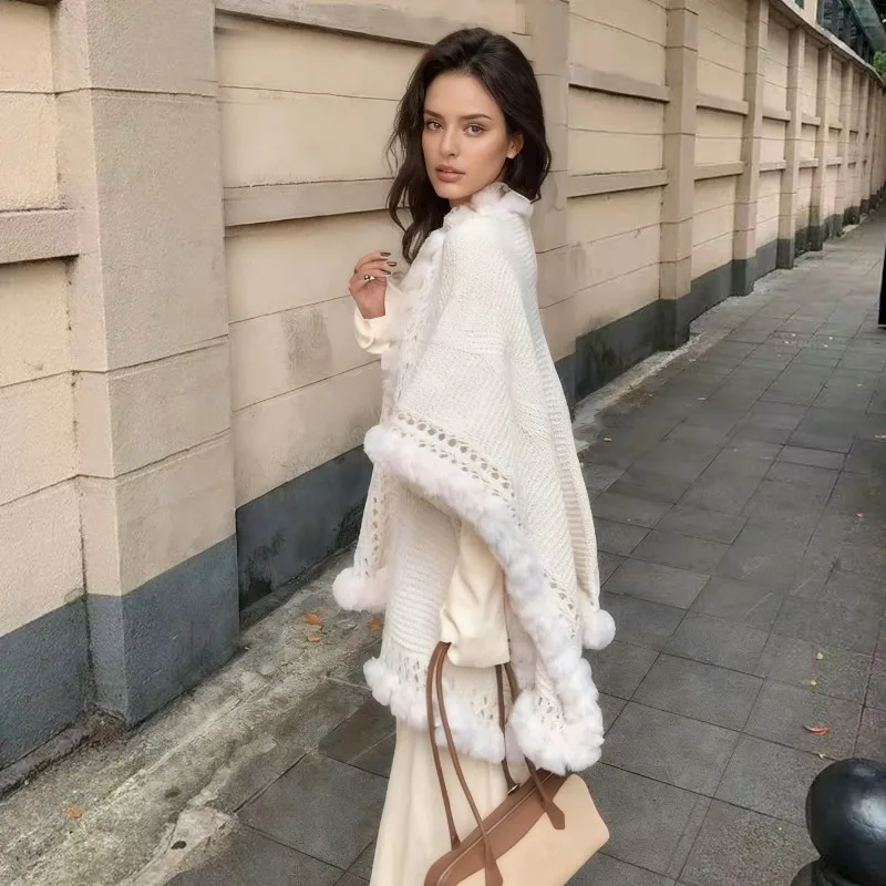 

New Poncho Chinese-Style Autumn/Winter Qipao Wrap Dress with Lazy-Fit Fried Dough Twists Knit Cape Thickened Fur-Like Cloak P1
