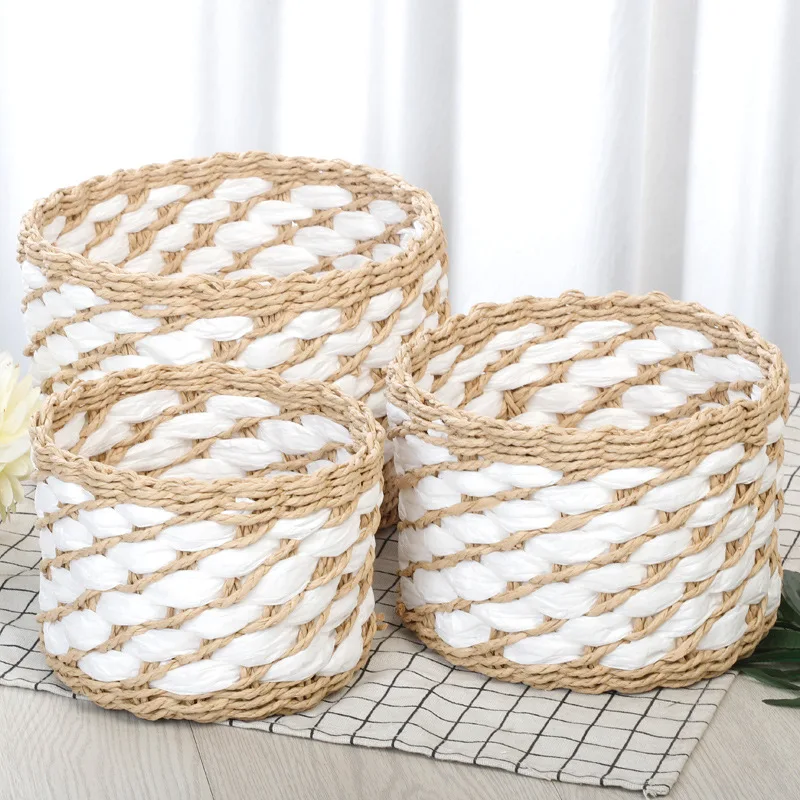 

3pcs Nordic Style Woven Basket with Coarse Cotton Rope Storage Basket Snacks Keys Miscellaneous Items Basket Desktop Storage Box