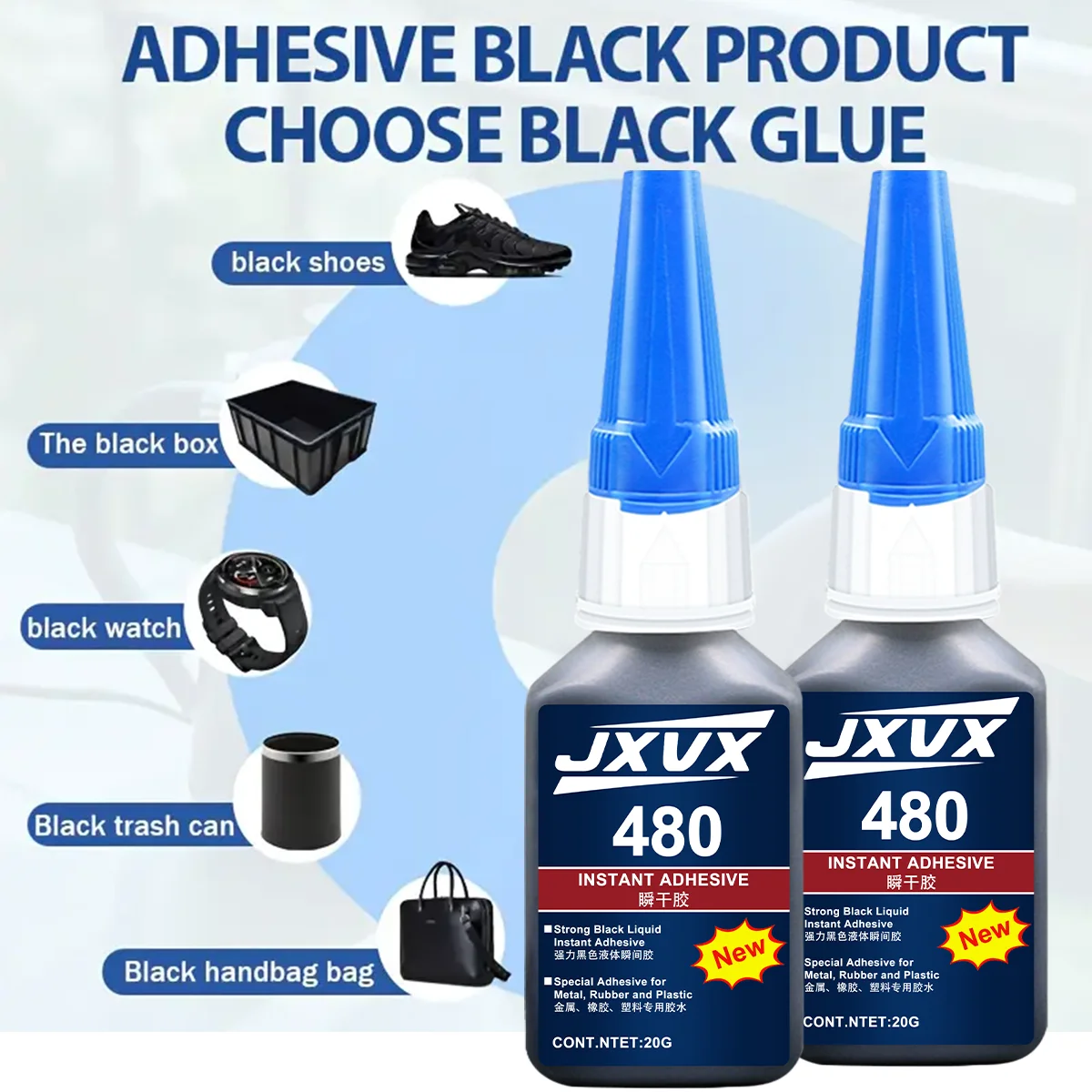 JXVX 20 g 403 (trasparente)/480 (nero) Colla super forte ad alta resistenza, colla istantanea a base di cianoacrilato - Per plastica, resina, ABS, giocattoli, PVC, riparazione di mobili Adesivo istantaneo universale.