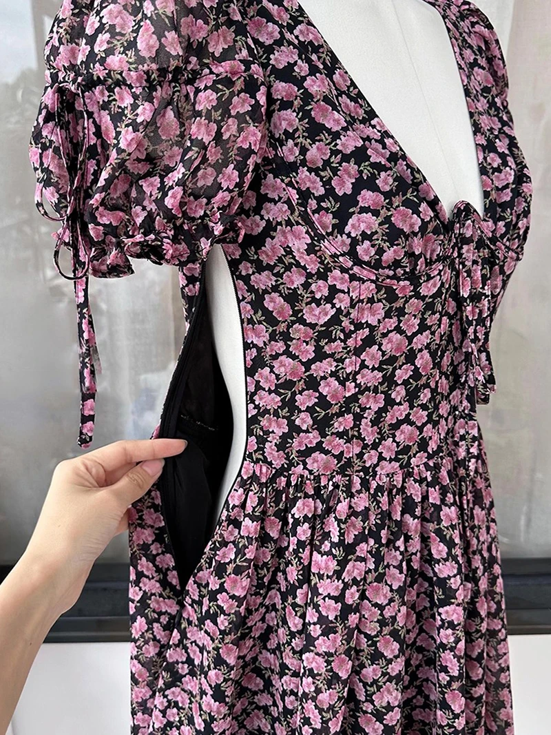 ReddaChic-vestido veraniego Floral con escote en V profundo para mujer, minivestido ceñido de manga corta abombada, corte en A, bonito y elegante, ropa de vacaciones de verano