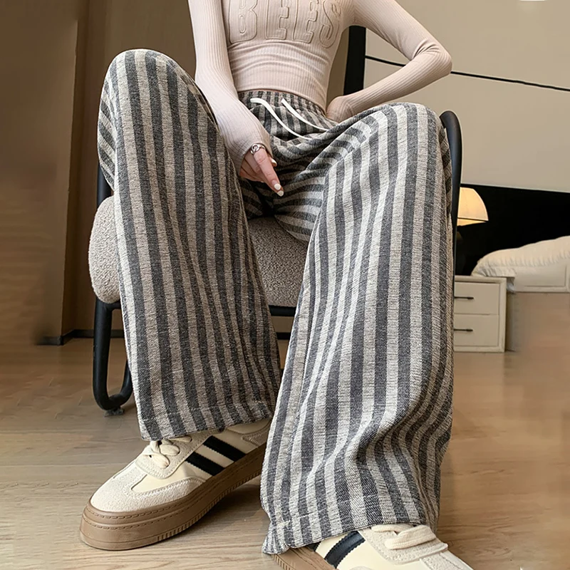 

Y2K винтажные прямые брюки в полоску, женские японские свободные драпированные широкие брюки, осень-зима, спортивные брюки с высокой талией и шнурком