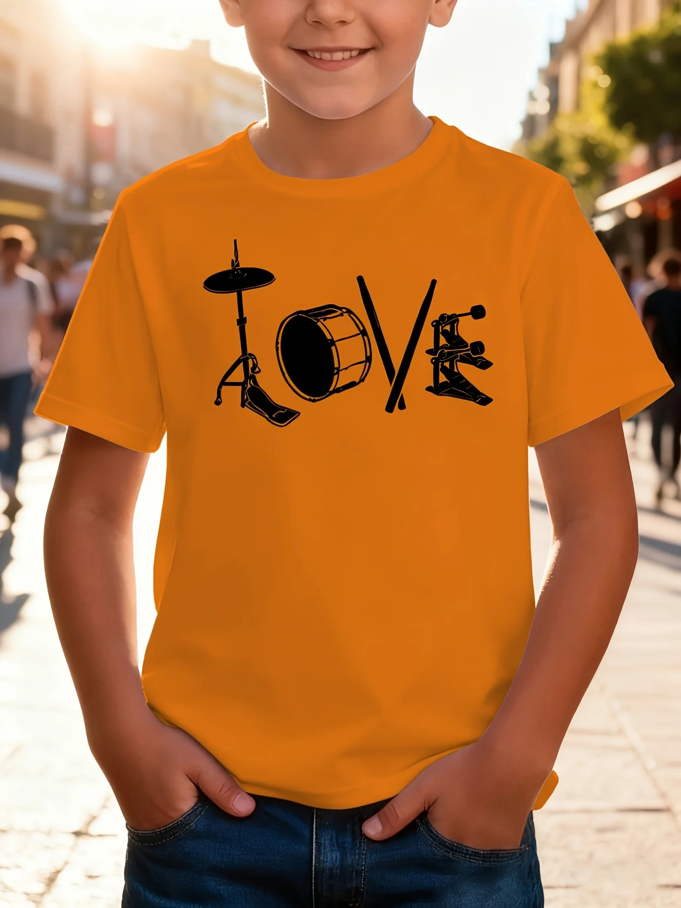 Love Print Summer T-shirt Designed By Drum Group, Children's Personalized T-shirt, Casual Parent-child Street Eye-catching Top