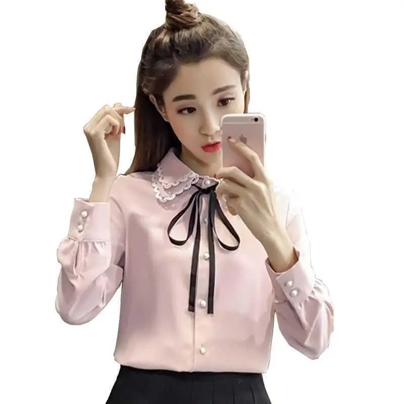 Sweet Peter Pan Collar Spliced Lace Up Bow Shirt Women\'s Clothing 2023 Spring New Oversized Casual Tops Office Lady Blouse