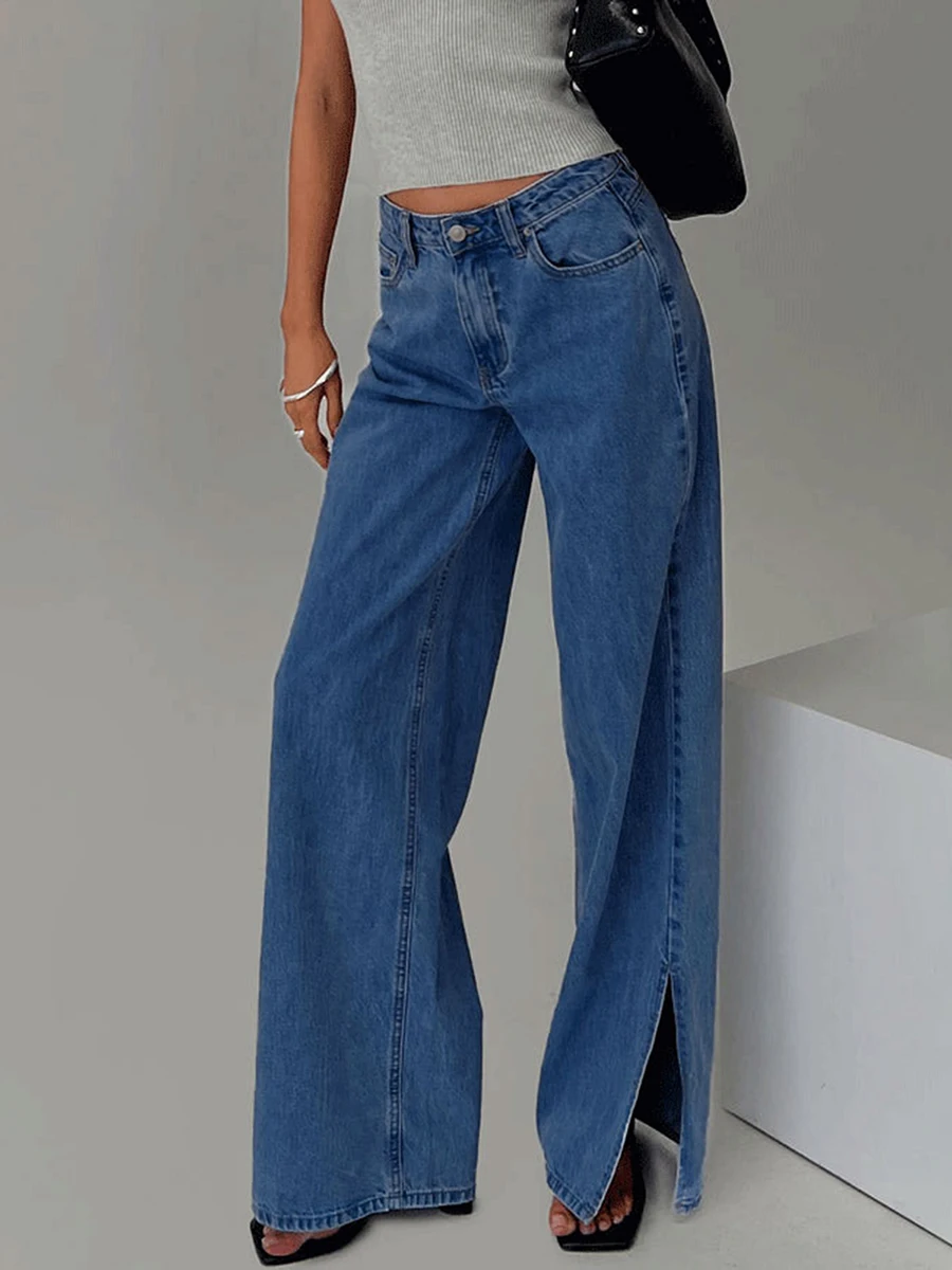 

Women’s Low Rise Washed Jeans Trendy Wide Leg Split Hem Loose Denim Pants Trousers