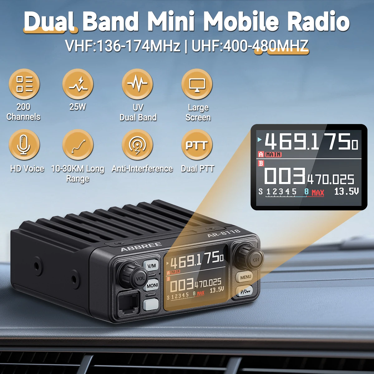 ABBREE AR-8118 Mini Mobile Radio 25W Dual Band VHF UHF 200CH Long Range Receiving VOX Dual PTT Car Radio For IC-980Pro