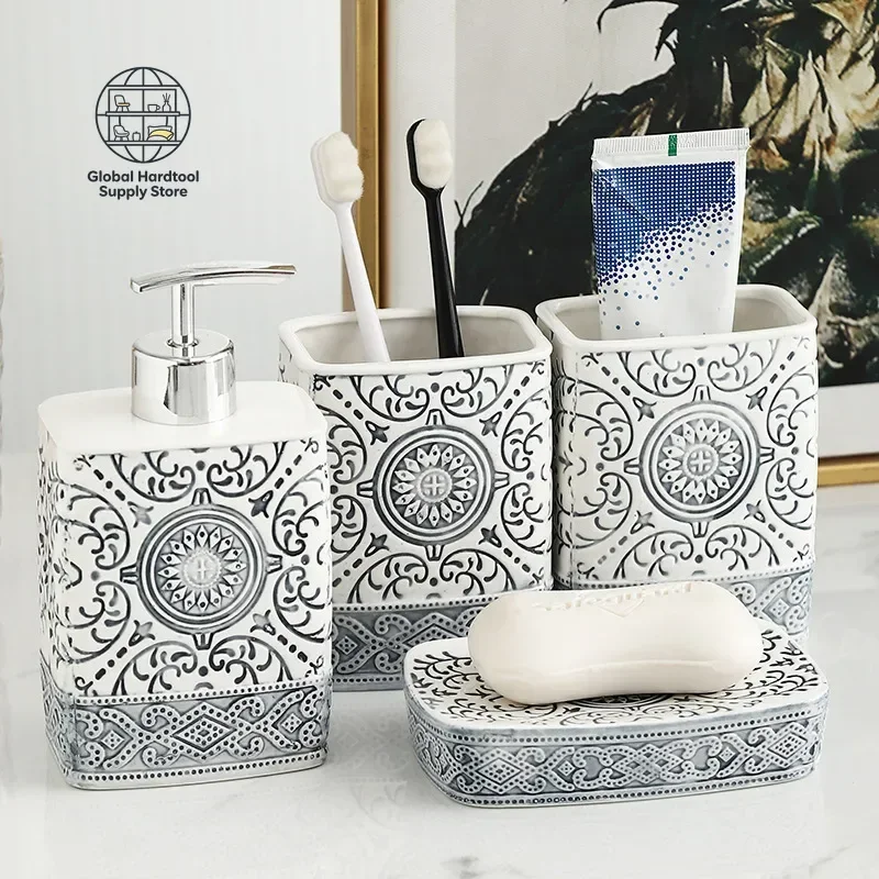 Bohemian Style Ceramic Bathroom Group Square Lotion Bottle High Color Mouthwash Cup Personality Toothbrush Cartridge