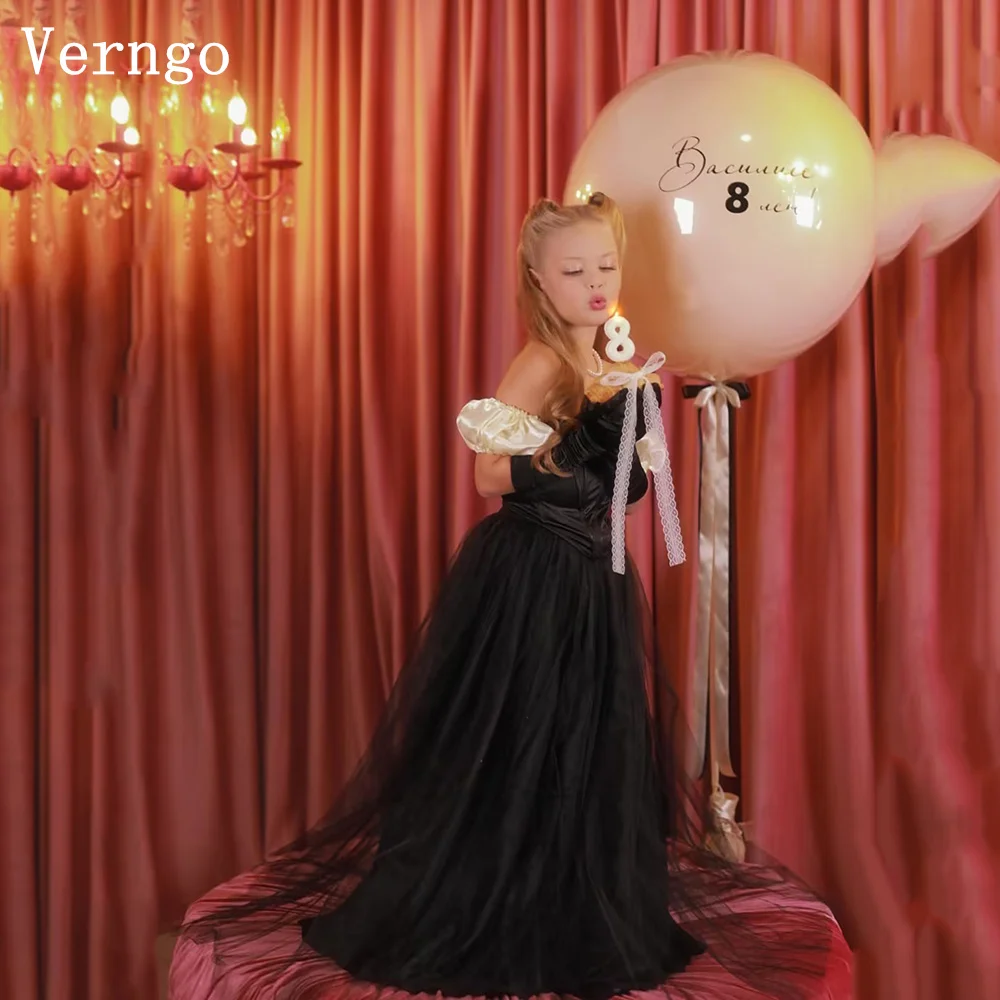 فستان Verngo أسود من التول للفتيات على شكل زهور قبالة الكتف على شكل حرف A فستان رسمي لحفلات أعياد الميلاد وحفلات الأميرة بفيونكة فساتين حفلات مخصصة #1