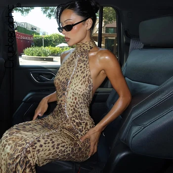 Cryptographic Fashion Halter Leopard Sexy Backless Maxi Dress Women Club Outfits Bandage Embellished Long Dresses Robe Clothes 1