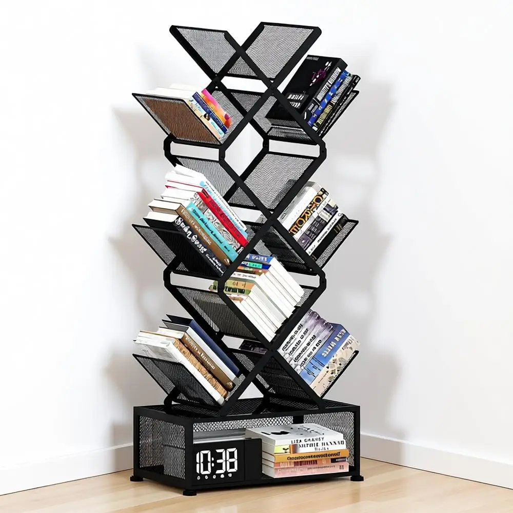 

9-ярусная компактная книжная полка с местом для хранения, металлическая полка для книг в спальню и гостиную, не требует сборки