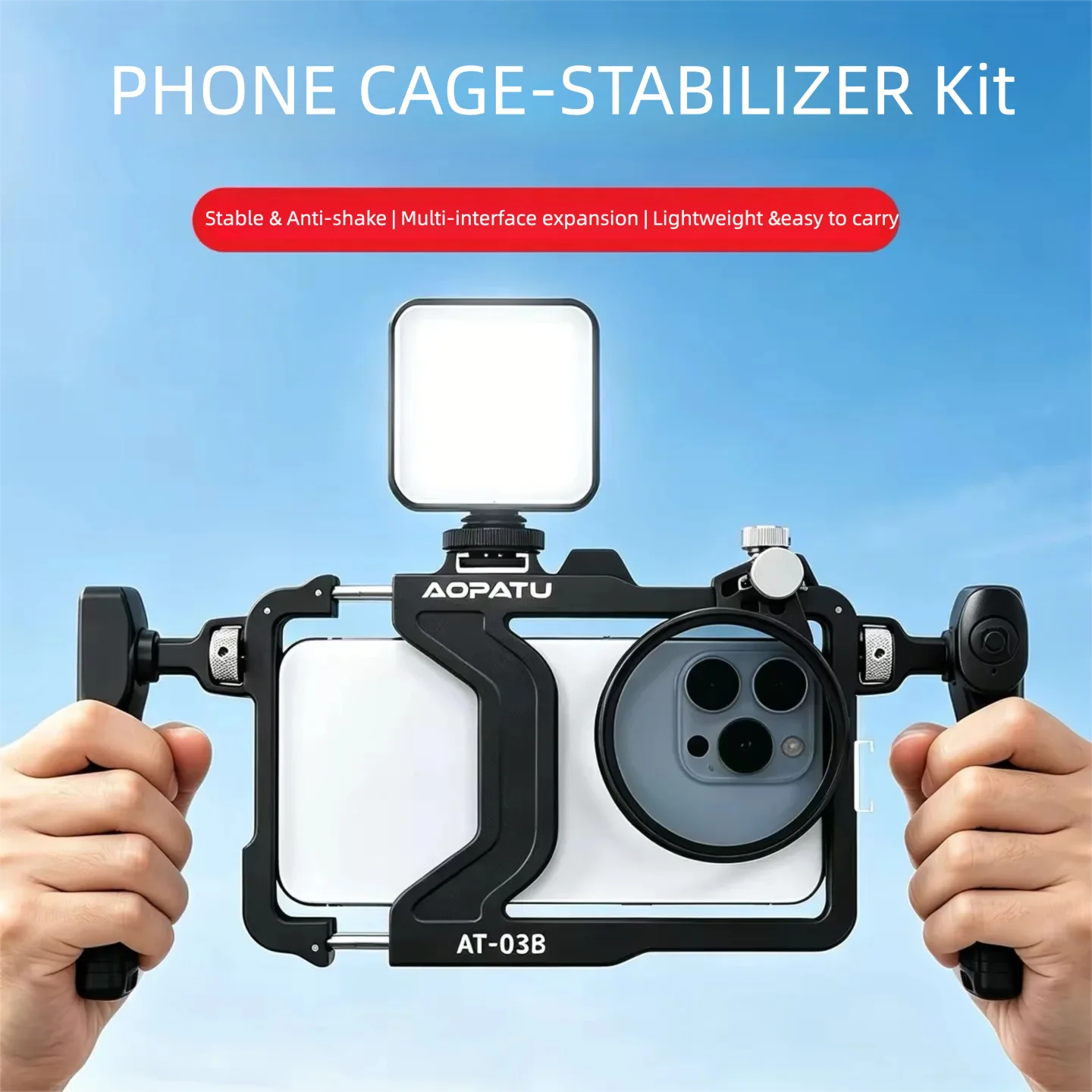 AOPATU AT-03B Universal Phone Cage – Lightweight Dual-Handle with Remote, Perfect for Vlogging & Video