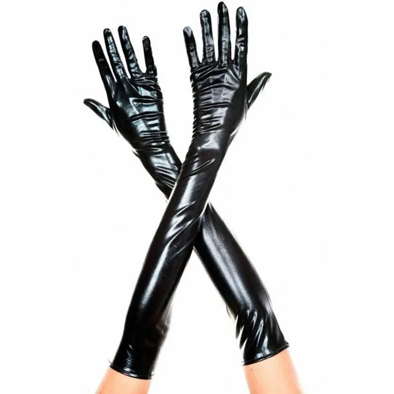 Guantes negros para mujer, manoplas largas y húmedas, dedos completos, charol, sobre el codo, cuero, Invierno