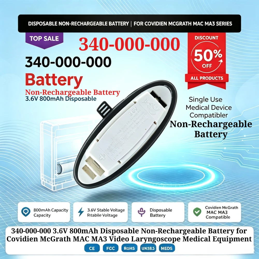 340-000-000 3.6V 800mAh Disposable Non-Rechargeable Battery for Covidien McGrath MA C MA3 Video Laryngoscope Medical Equipment