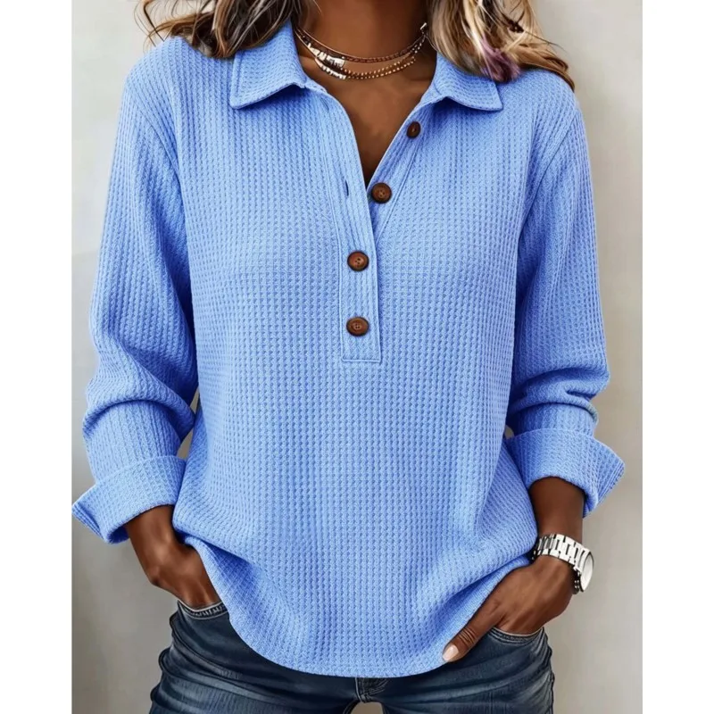Solid Waffle Long Sleeved Shirt For Women Autumn Fashion Lapel Button Half-open Style Top Ladies Simple Versatile Office Blouses