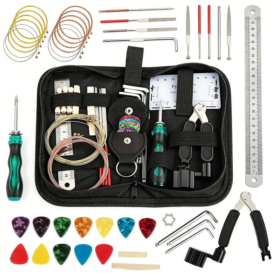 25/30 in 1 Guitar Tool Kit Set Guitar Repair Toolbox Guitar Parts Replacement Toolbox Including Picks String Fixed Buckle