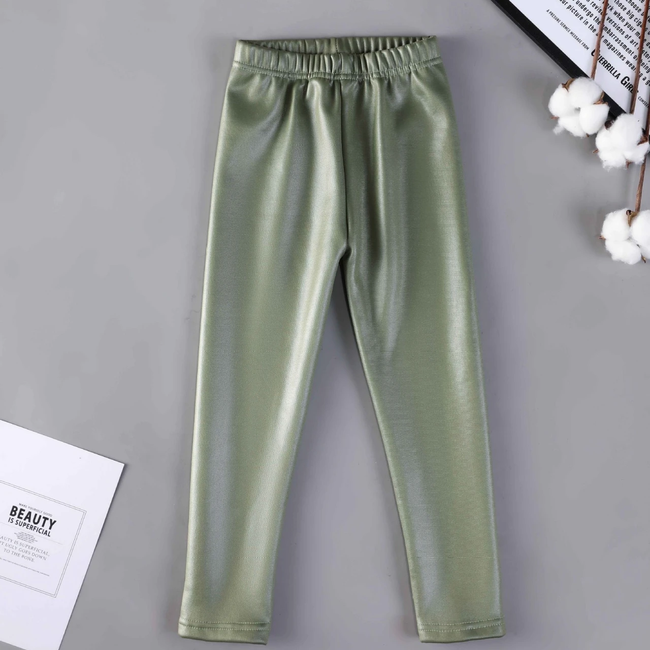 Winter Autumn Faux Leather Thicked Kids Pants Candy Color Slim Warm Children\'s Girl Leggings