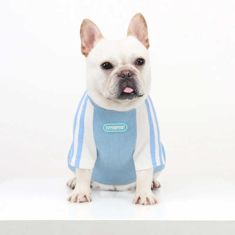 ملابس رياضية للكلاب، سترة بقلنسوة مخططة باللون الأزرق والأبيض للكلاب الصغيرة، ملابس الخريف للحيوانات الأليفة للبلدغ الفرنسي، الصلصال، بيشون فريز وبودل #2
