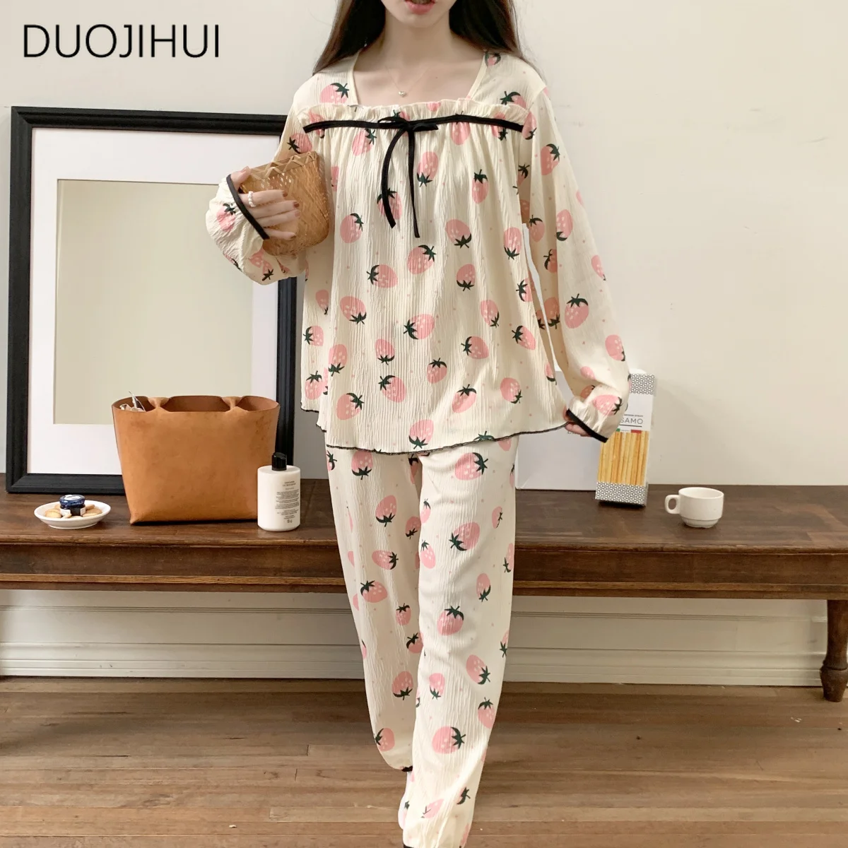 DUOJIHUI-Conjuntos de pijama de duas peças para mulheres, pulôver de manga comprida, Calça simples, estampa chique, moda casual, doce, primavera