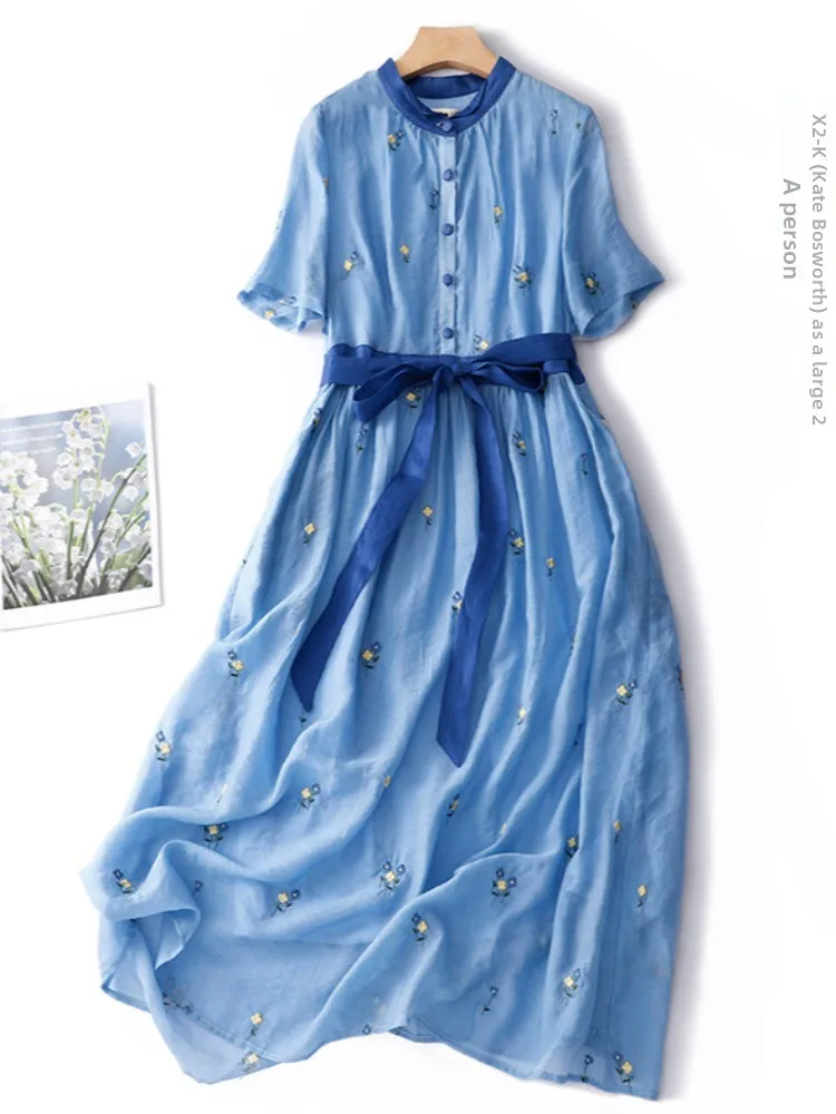 Retro ricamo floreale in cotone Lin ort Sve Dr Cintura dimagrante estiva da donna Grande altalena in lino lungo Dr