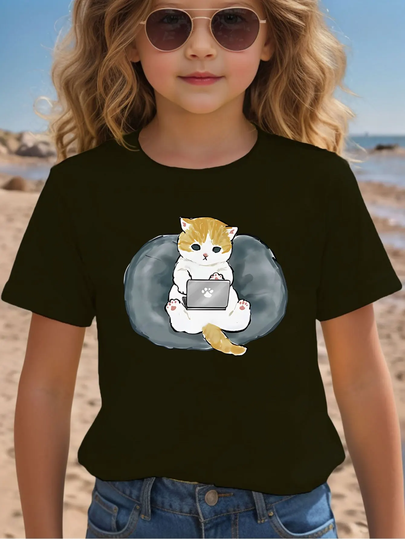 Cartoon Lazy Cat Operating Notebook Print Kids T Shirt Boys Girls Family Matching Parent Child Summer Crew Neck Casual Tee