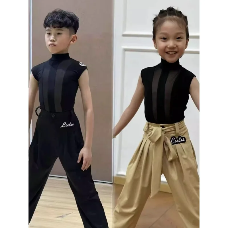 맞춤형 어린이 라틴 댄스복 소년용 메쉬 민소매 상의와 바지 연습복